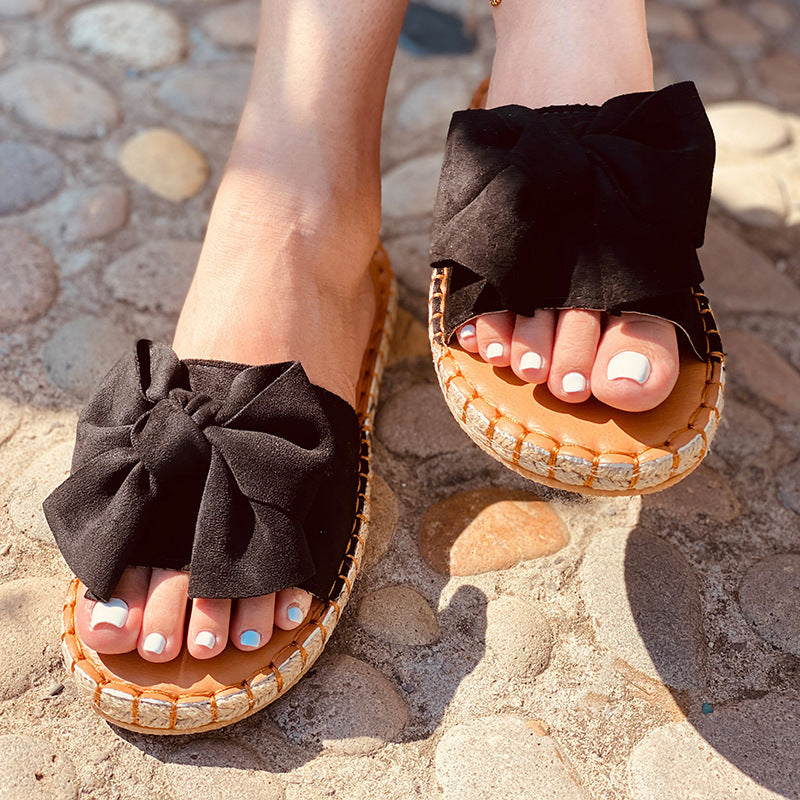 New Bow Sandals Women Bow Flat Sandals Beach Outdoor Slippers Solid Color Sandals In Stock