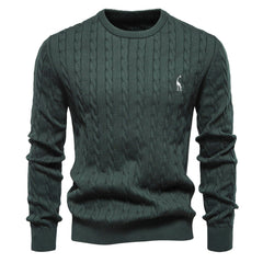 Men's Round Neck Twist Patterned Giraffe Embroidery Sweater